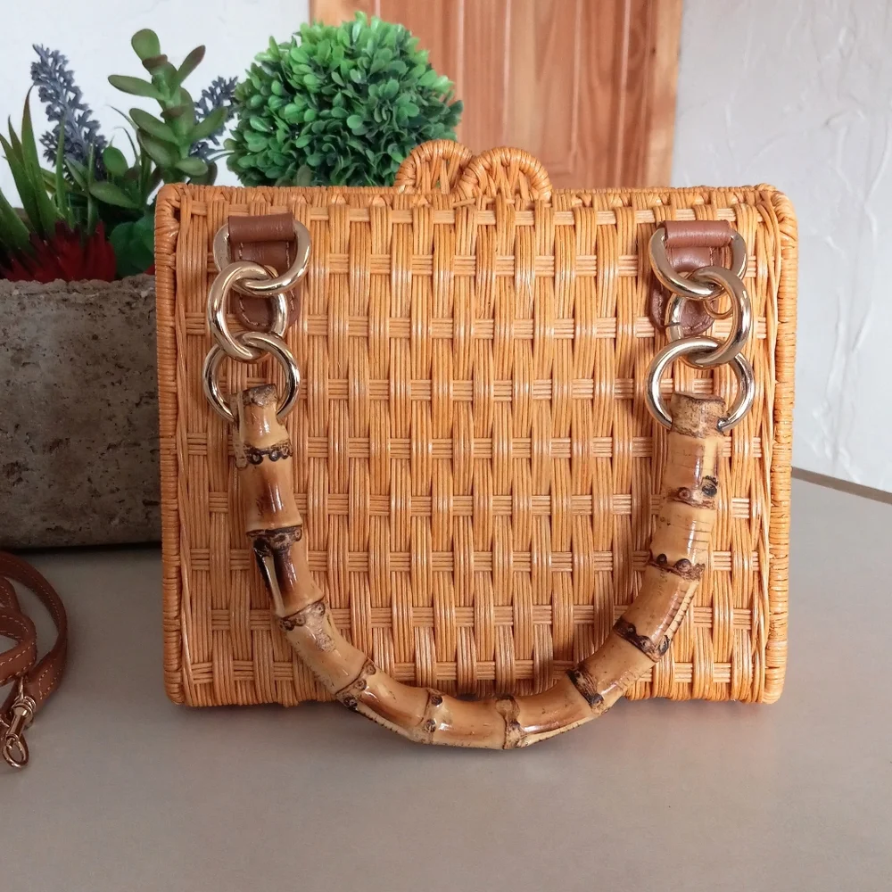 Serpui Paola Wicker Bag with Bamboo handles & strap. MSRP $398